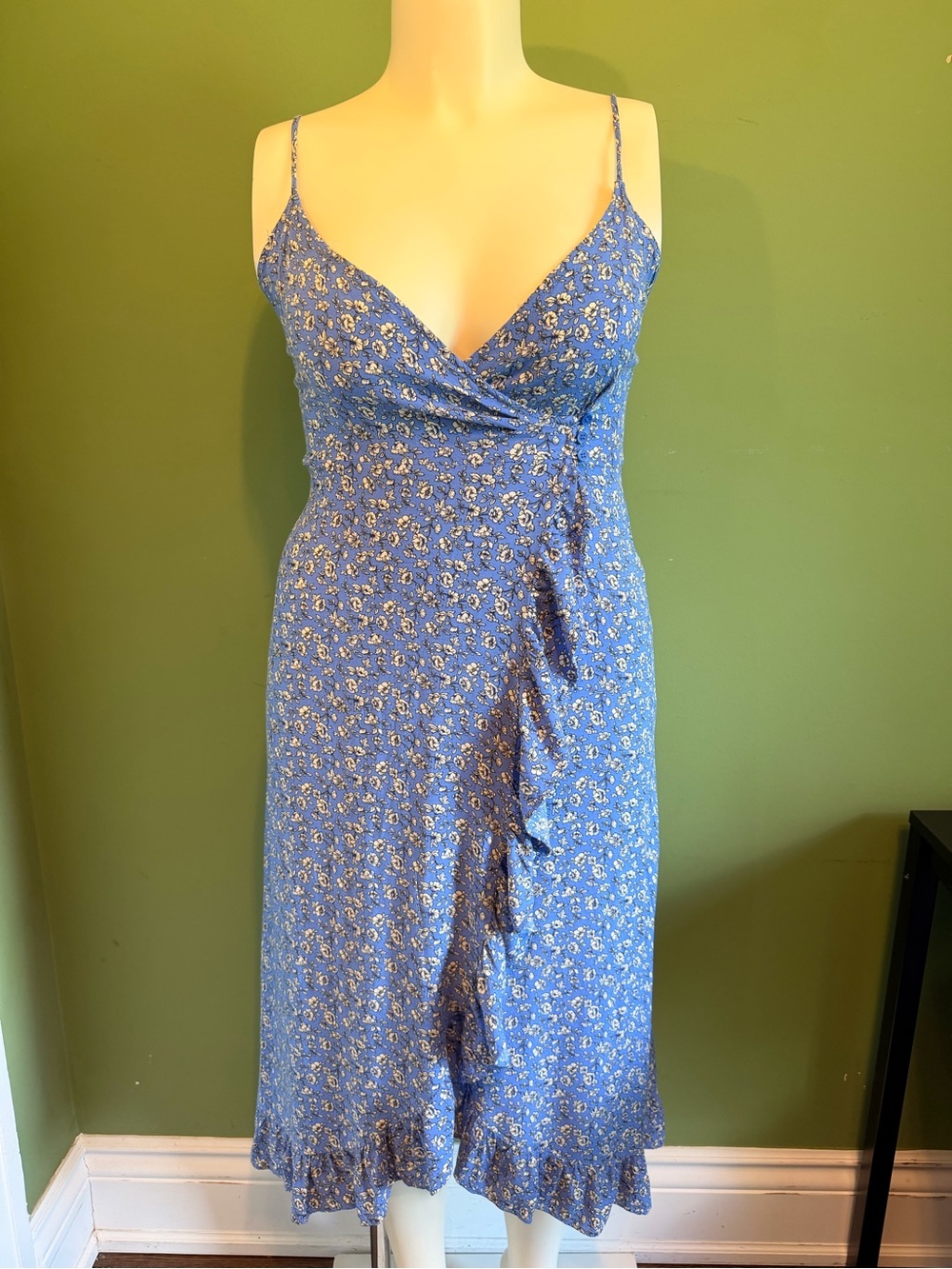 Forever 21 Blue Floral Wrap Midi Dress with Ruffle Hem